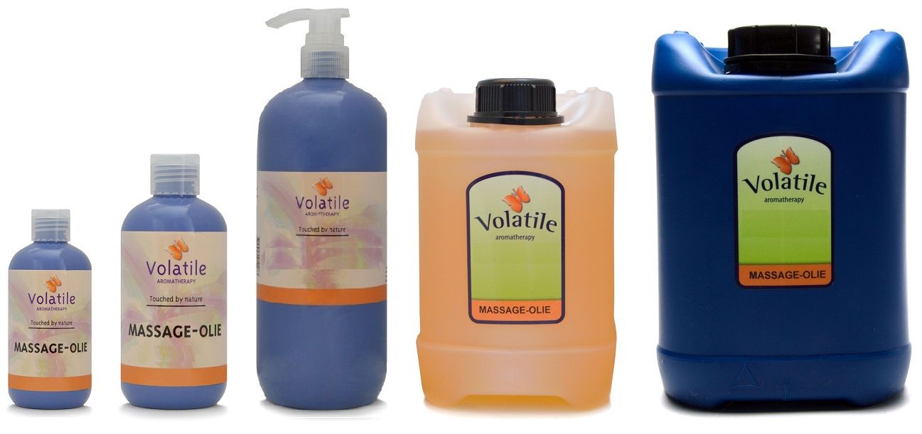 Volatile zonnewarmte massage olie 100 ml, 250 ml, 1000 ml, 2500 ml, 5000 ml